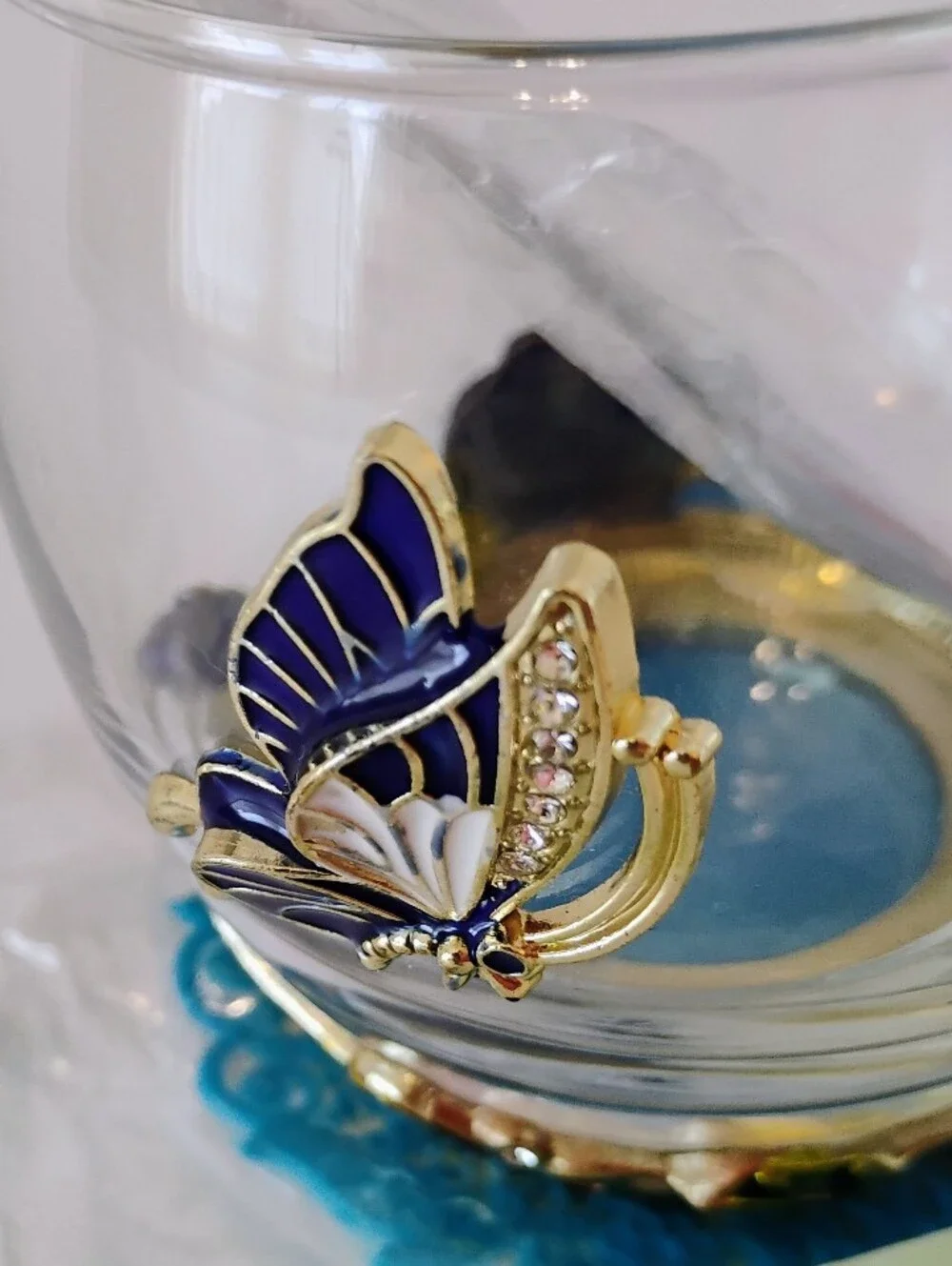NIB Glass Tea Cup Set w/Enamel Butterfly Accents - Blue & Gold